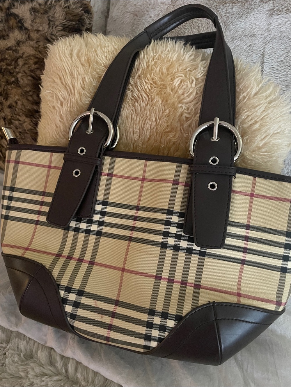 Burgundy and tan tote, overall good condition